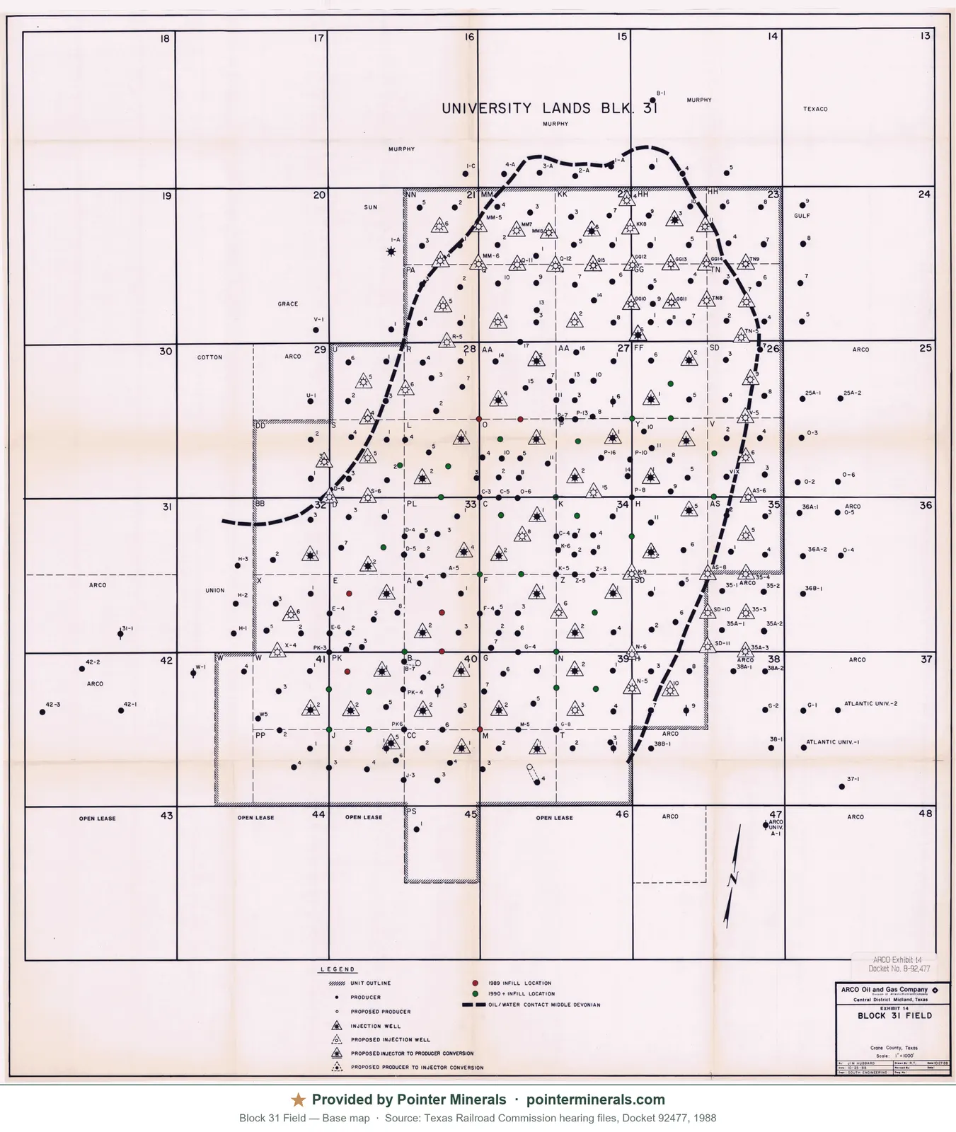 Field / well-spot map of Block 31 Field, 1988 — Texas Railroad Commission hearing exhibit.