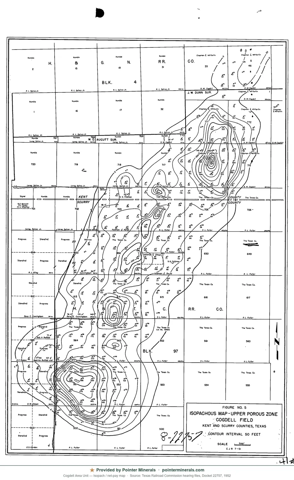 Isopach (net-pay) map of Cogdell Unit — Texas Railroad Commission hearing exhibit.