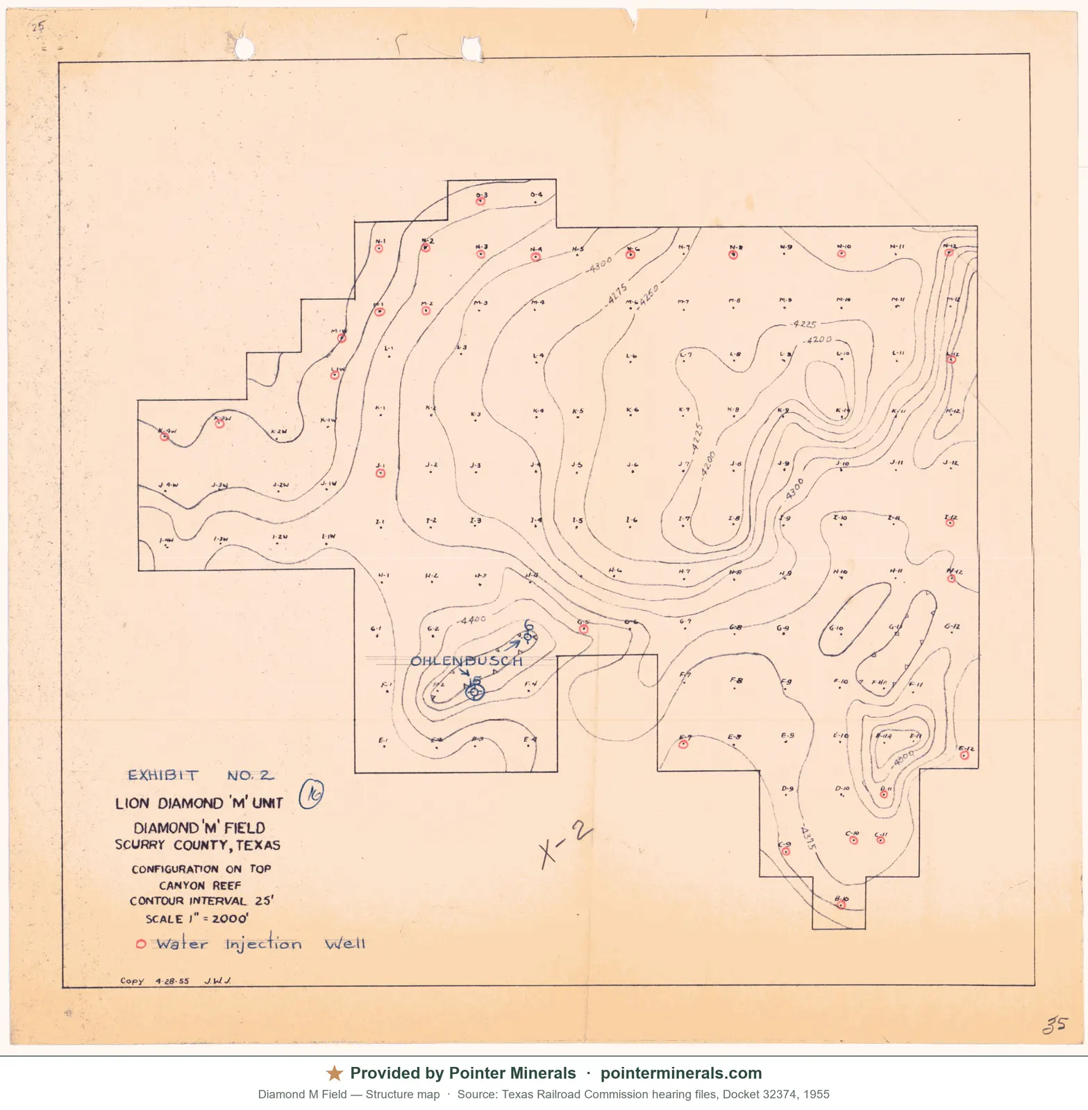 Structure map of Diamond M Field, 1955 — Texas Railroad Commission hearing exhibit.