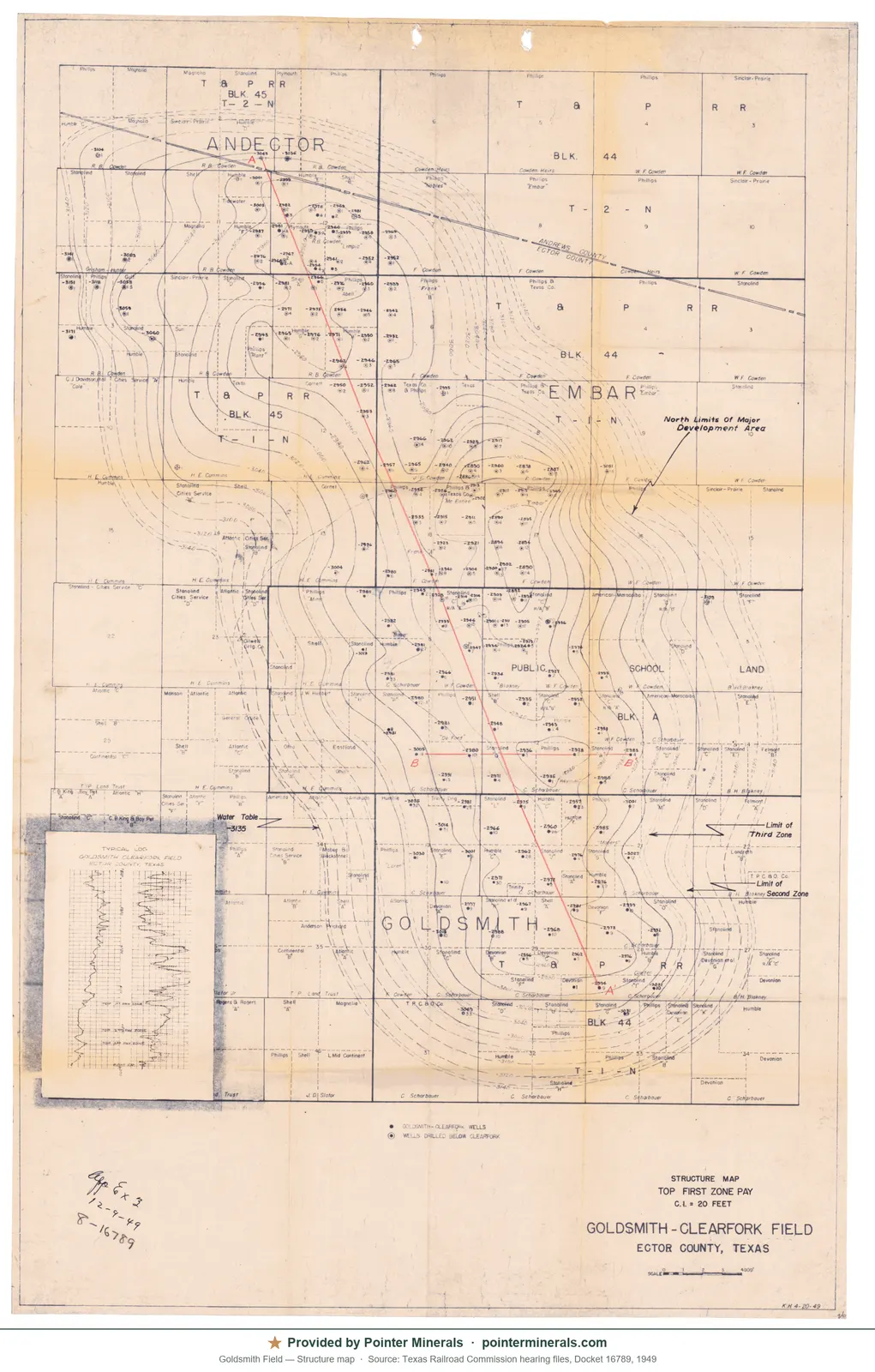 Structure map of Goldsmith Field — Texas Railroad Commission hearing exhibit.