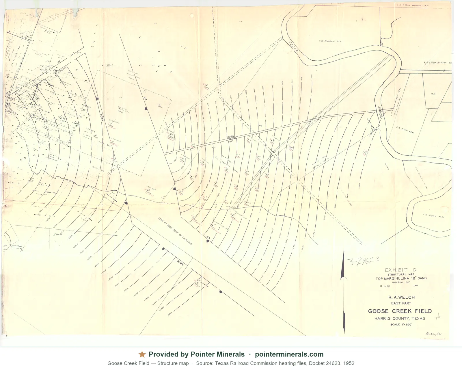 Structure map of Goose Creek Field, 1952 — Texas Railroad Commission hearing exhibit.