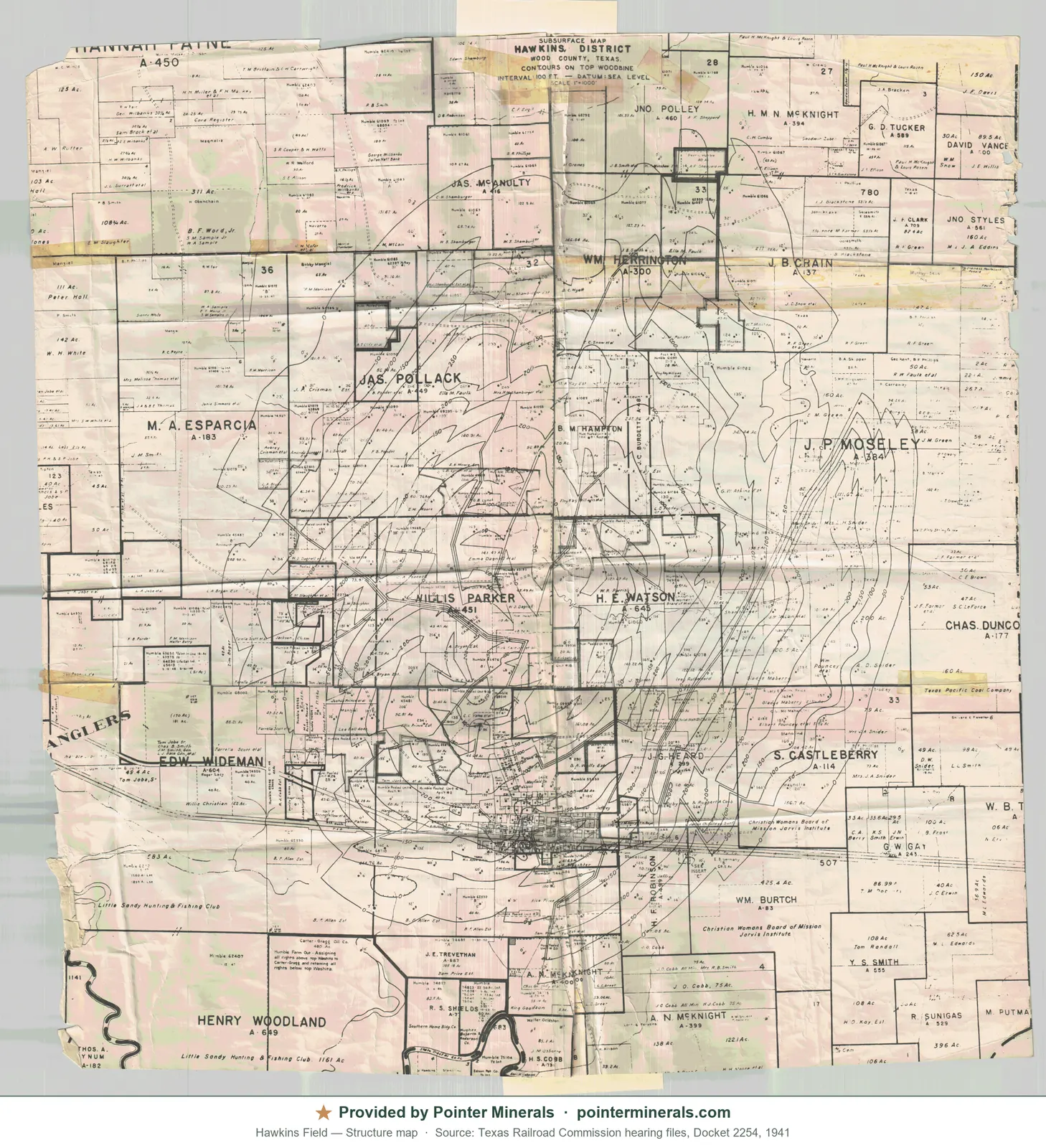 Structure map of Hawkins Field — Texas Railroad Commission hearing exhibit.