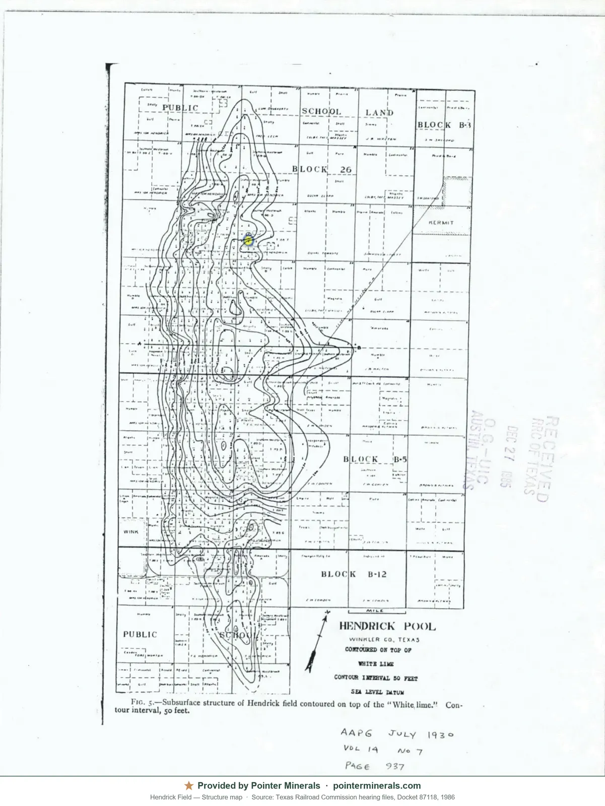Structure map of Hendrick Field, 1930 — Texas Railroad Commission hearing exhibit.