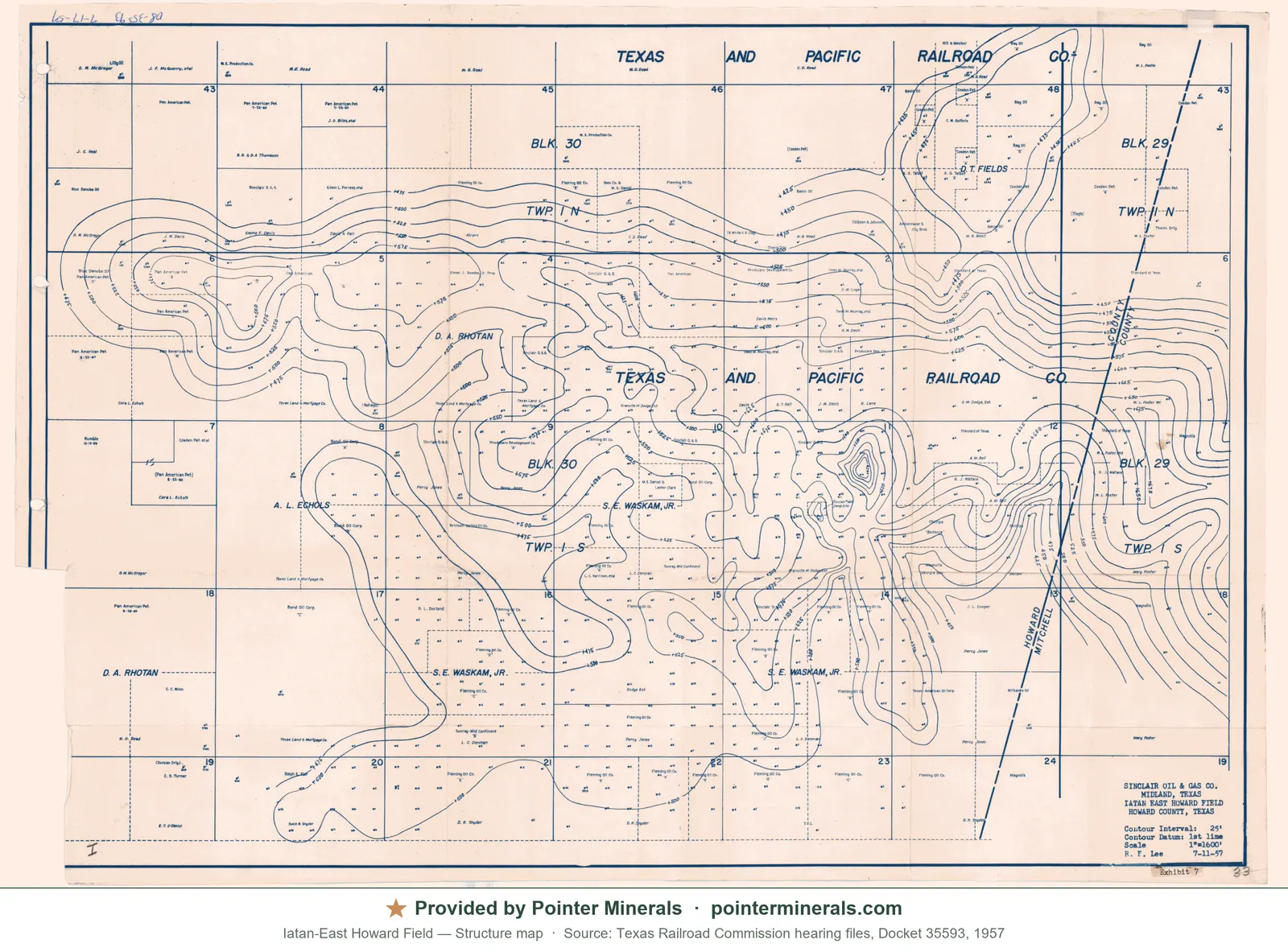 Structure map of Iatan East Howard Field, 1957 — Texas Railroad Commission hearing exhibit.