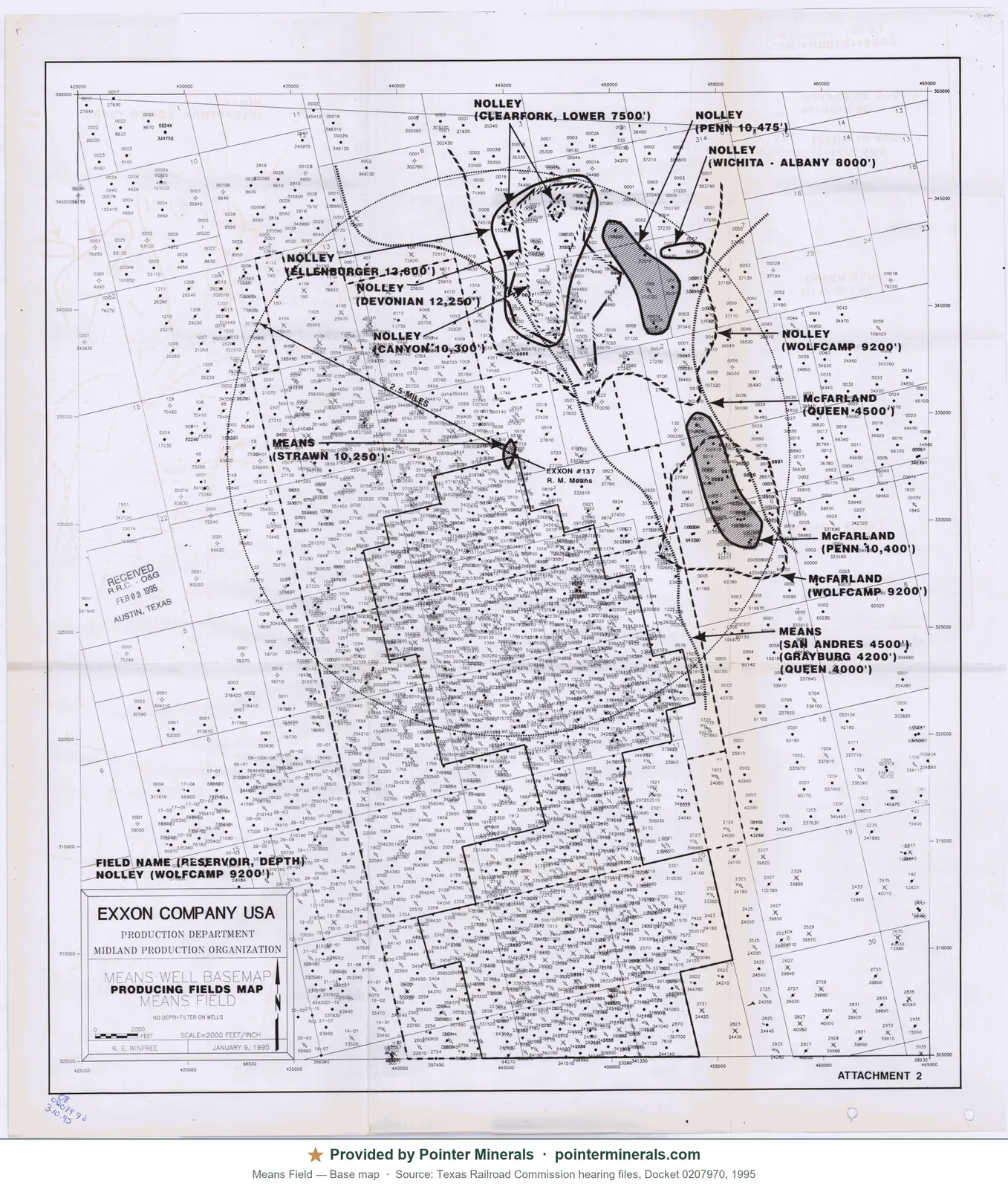 Field / well-spot map of Means Field, 1995 — Texas Railroad Commission hearing exhibit.