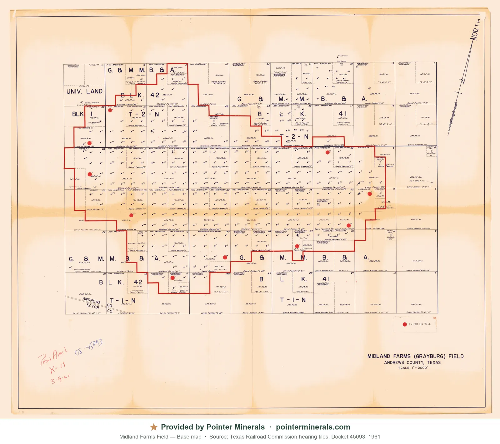 Field / well-spot map of Midland Farms Field, 1961 — Texas Railroad Commission hearing exhibit.