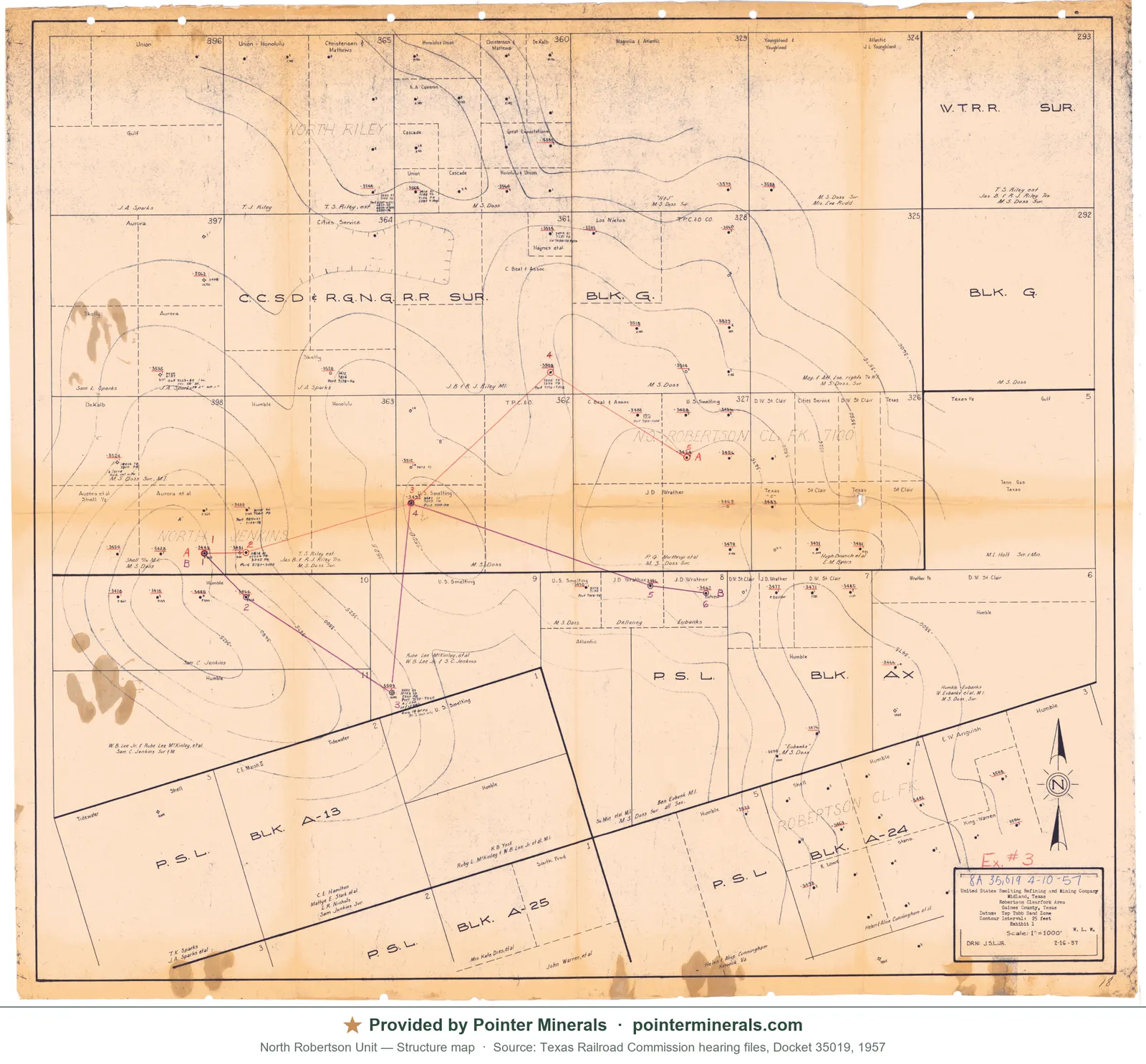Structure map of North Robertson Unit, 1957 — Texas Railroad Commission hearing exhibit.