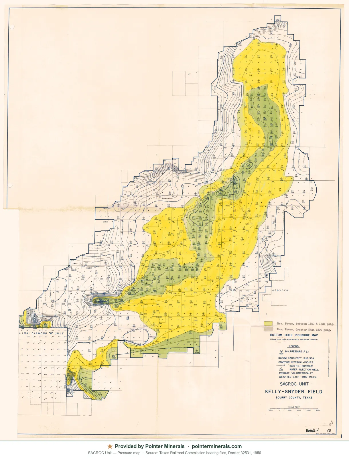 Reservoir-pressure map of Sacroc Unit, 1956 — Texas Railroad Commission hearing exhibit.