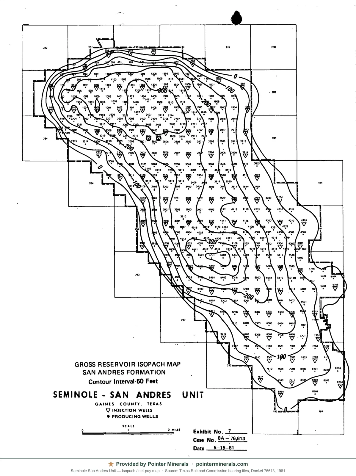 Isopach (net-pay) map of Seminole San Andres Unit — Texas Railroad Commission hearing exhibit.