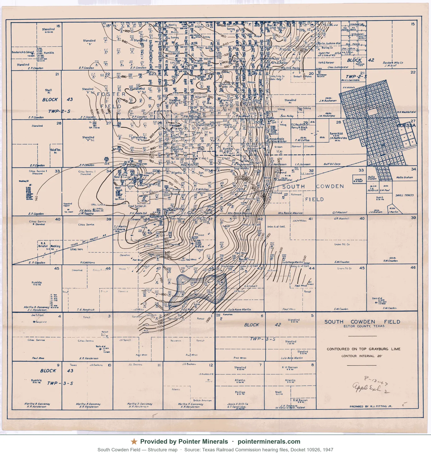 Structure map of South Cowden Field — Texas Railroad Commission hearing exhibit.